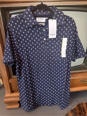 Goodfellow & Co Navy Blue Short-Sleeve Polo with White Mini Pattern